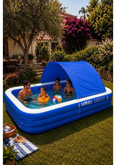 Habl 3 Boğumlu Tenteli Şişme Havuz Xxl 300x183x56 Cm 1850 L Güneş Korumalı Aile Havuzu Mavi - Beyaz