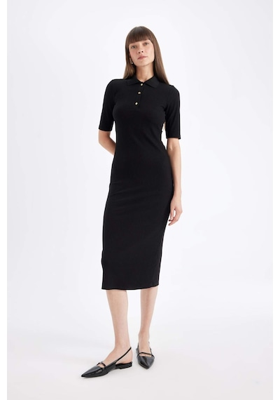 Defacto Bodycon Vücuda Oturan Basıc Düğmeli Polo Yaka Fitilli Kaşkorse Yarım Kollu Midi Siyah Elbise C2882AX Siyah