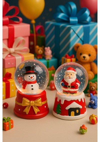 Yeni Yılın En Güzel Hediyesi Yılbaşı 2 Adet Led Işıklı 6,5 Cm Noel Baba Kardan Adam Kar Küresi Seti Dekoratif Obje