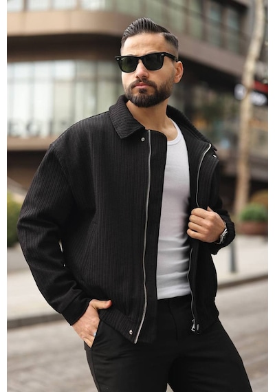 Yeni Sezon Dokulu Oversize Bol Kalıp Bomber Ceket Siyah
