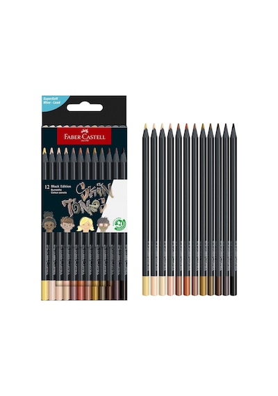 Black Edition Boya Kalemi 12'li Skin Tones, Siyah Lata, Siyah Kağıda Uyumlu, Ergonomik Üçgen Gövde, Ten Renkleri Genel