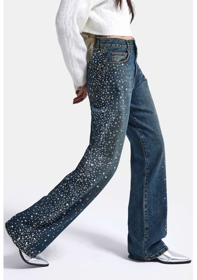 Kadın T-2w6-8 Loose Fit Parlak Taş Özel Tasarım Denim Jean Mavi