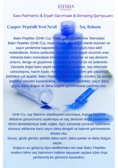 Elysian Essence Saw Palmetto & Siyah Sarımsak & Panax Ginseng Şampuanı 2 Adet Copper Peptidli Saç Dökülmesine Karşı Bakım 300 Ml Tüm Saç Tipleri