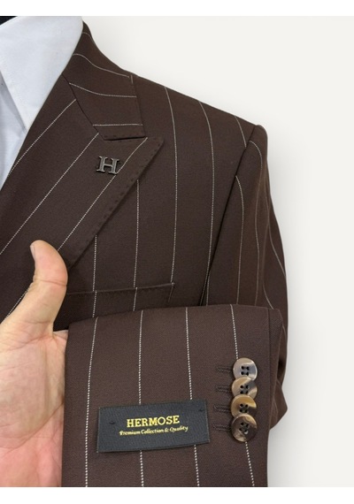 Hermose Sartorial Kahverengi Çizgili Kruvaze Takım Elbise