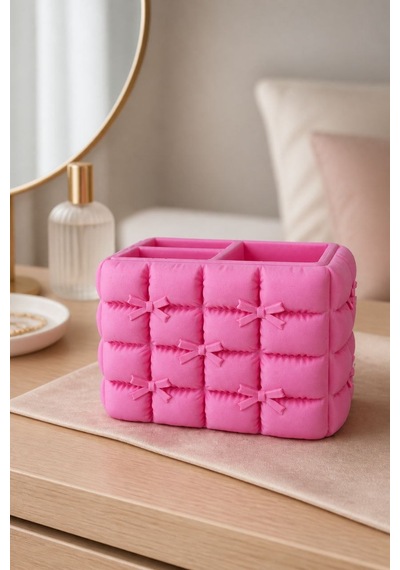 Fiyonk Detaylı Puffy Masaüstü Organizer 3d Baskı Makyaj Ve Kalemlik Düzenleyici Pembe - Pembe
