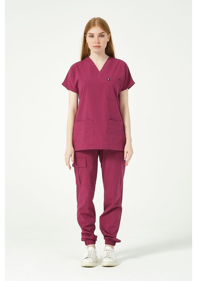 Vişne Likralı Scrubs Kargo Cep Jogger Paça Doktor Hemşire Forması Yarasa Kol Takım Unisex