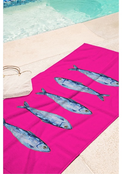 Balık Figürlü Fuşya Plaj Havlusu-marine Modern Mavi Pembe Havuz Deniz Hızlı Kuruyan Mikrofiber Havlu İnci Deniz