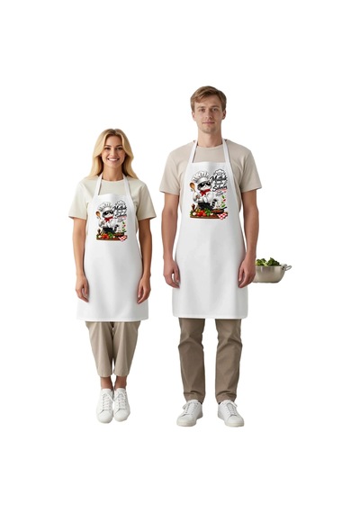 Kadın Aşçı Önlüğü Karikatür Kedi Baskılı Mutfak Temalı Unisex Rah Beyaz