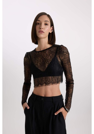 DeFacto Crop Bisiklet Yaka Dantel Uzun Kollu Bluz E0210AX24AUBK81 Siyah