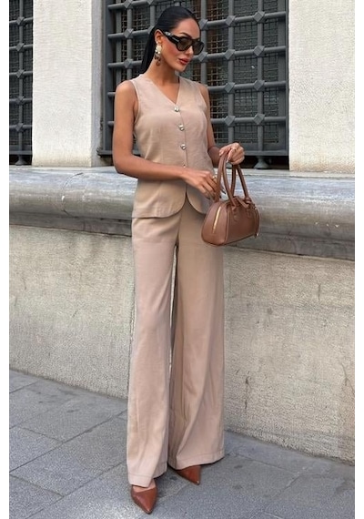 Moderie Butik Arkası Bağcıklı Yelek Plazza Pantolon Modal Takım 10202-08 Vi Zon