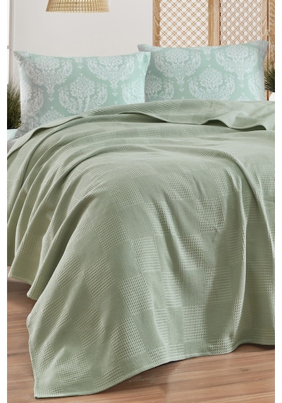 Eponj Home Lastikli Çarşaflı Pike Takımı Çift Kişilik %100 Pamuk 4 Parça Post Desenli Çağlayeşil Weave Serisi Çağlayeşili
