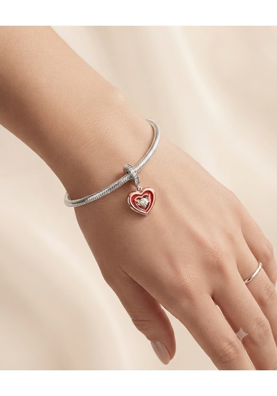 Kadın Rose Kalp Ve Tektaş Detay Sallantılı Gümüş Charm