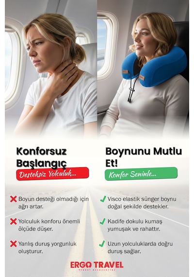 Viscofoam Lux Ortopedik Seyahat Yastığı Visco Boyun Destekli Seyahat Yastığı - Mavi| Ergo Travel