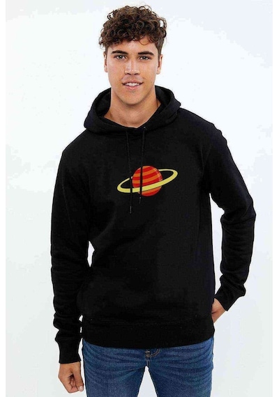 Saturn Baskılı Siyah Erkek Örme Kapşonlu Sweatshirt