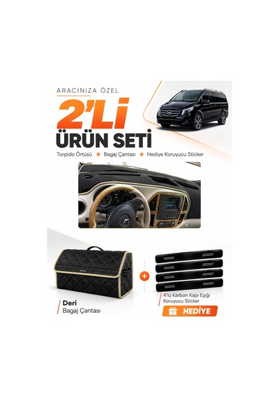 Mercedes Vito W447 2014-2021 Uyumlu Torpido Örtüsü + Deri Bagaj Çantası + Sticker Seti - Siyah Bej