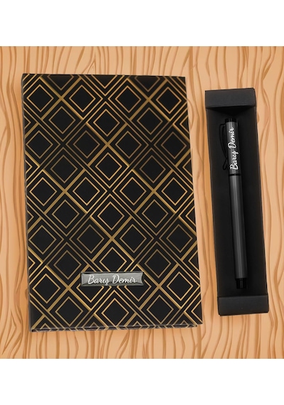Kişiye Özel Gold Kareli Defter & Siyah Roller Kalem Hediye Seti Ofis Hediyesi