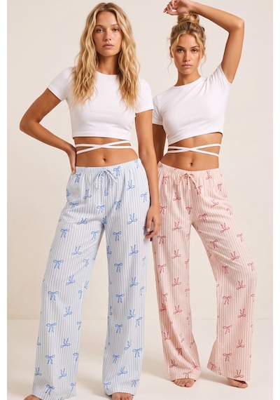 Siyah İnci 2'li Fiyonk Desenli Yumuşak Tuşe Kışlık Örme Tek Alt Pijama Altı 8074 Somon Mavi Fiyonk