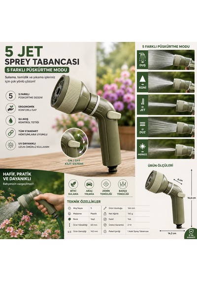5 Jet Sprey Sulama Tabancası 5 Fonksiyonlu Ayarlanabilir Bahçe Hortum Tabancası, Ergonomik 1 Adet
