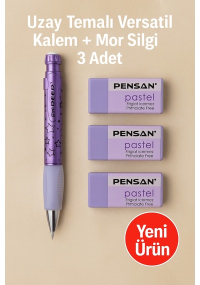 Metalik Mavi 0.7 Versatil Kalem + Pastel Mavi Silgi 3'lü Set Uzay Temalı
