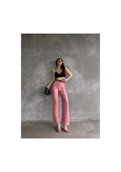 Nido Moda Beli Kemerli Keten Pantolon Pembe