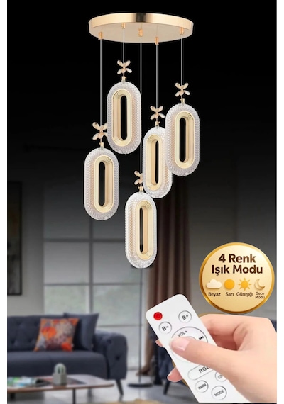 LumiaLighting Eclipse Model 5'li Kumandalı Gold 3 Renk Ledli Kristal Taşlı Modern Salon Mutfak Oturma Odası Led Avize Altın