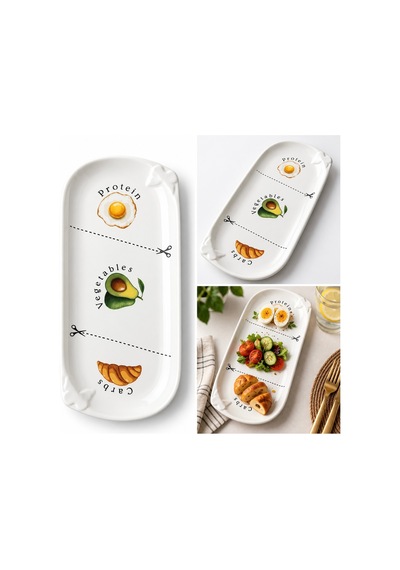 Porsiyon Kontrol Diyet Tabağı 34 Cm Protein Sebze Karbonhidrat Desenli Seramik Sağlıklı Beslenme Servis Tabağı Beyaz