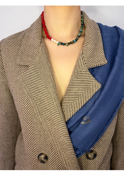 Choker Model Doğal Kırmızı Mercan Turkuaz Ve İnci Kolye Kırmızı - Mavi