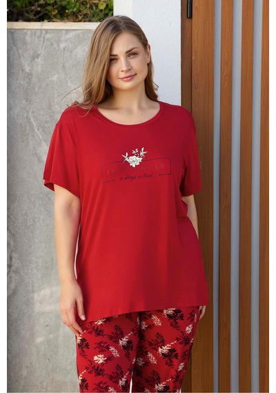 Kadın Büyük Beden Viskon Kısa Kol Pijama Takımı Battal Kırmızı