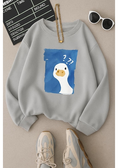 Benroma 3 İplik Penye Ördek Baskılı Unisex Sweatshırt Gri