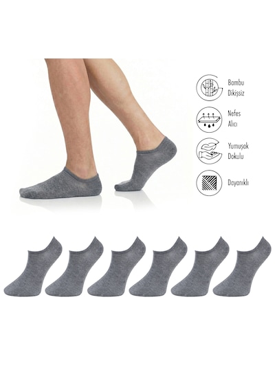 Lion Monroe Saf Bambu Erkek Sneaker Gri Melanj Çorap Dikişsiz Görünmez Bilekte Spor Çorap Premium 6'lı L5952aznb Softaura