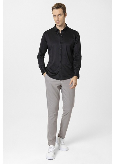 Süvari Siyah Slim Fit Armürlü Düğmeli Yaka Gömlek-34588 Siyah