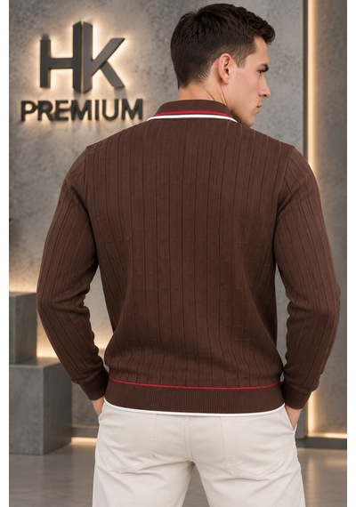 Hk Premium Erkek Fermuarlı Polo Yaka Sepet Dokulu Triko Kazak Kahverengi