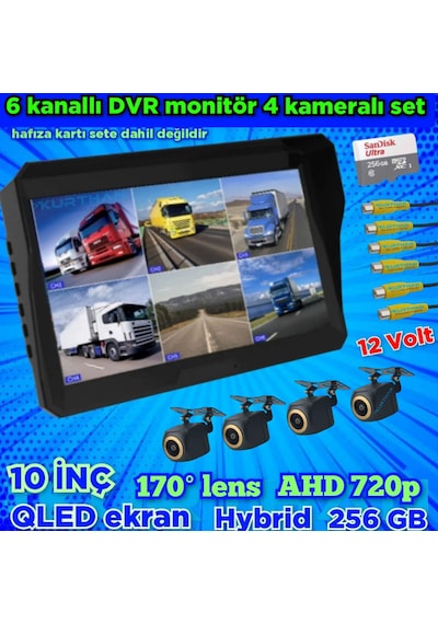 Qled10'' Dvr Ekran 4 Ad 170'' Balık Gözü Ahd 720p Kamera 12 V