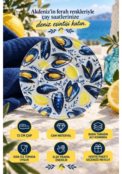 6 Lı Cam Çay Tabağı Limon & Midye Desenli 12 Cm 6 Adet Çay Tabak Lacivert
