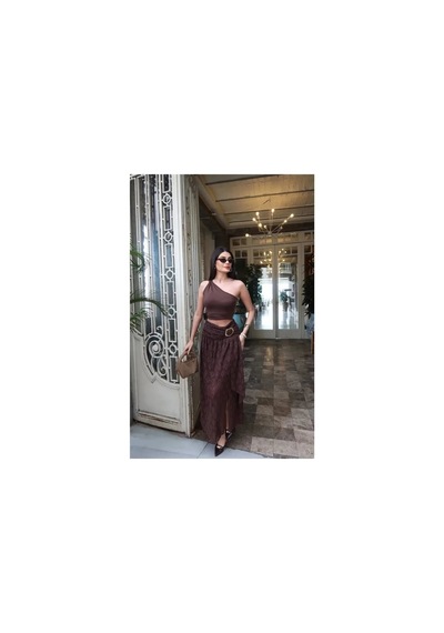 Kechi Woman Gold Aksesuarlı Dantel Uzun Etek Kahve