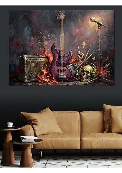 Kurukafa Ve Elektro Gitar Rock Dekoratif Kanvas - Mdf Ahşap Tablo