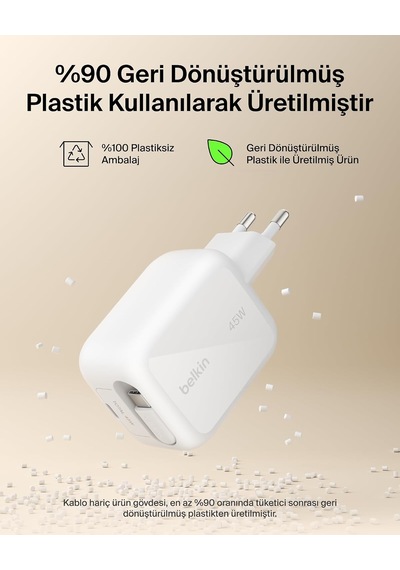 Belkin Ultracharge Usb-c Fiş Tipi Şarj Cihazı 45 W, 0,8 M Geri Çe
