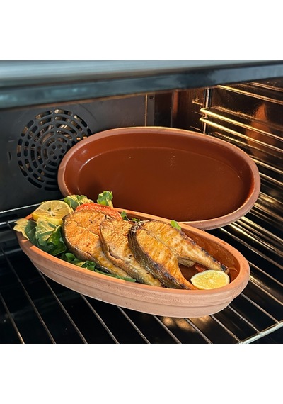 2'li Toprak Sırlı Oval Balık Güveci Pişirme Tavası 30x15x4 Toprak