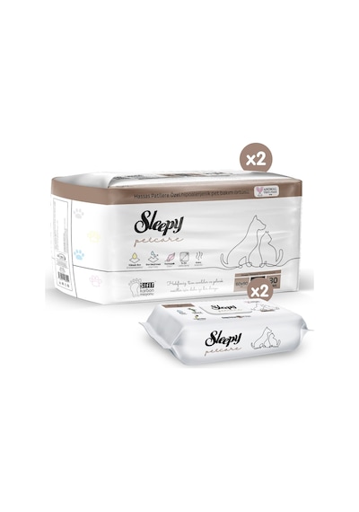 Sleepy Petcare Pet Bakım Örtüsü 2 x 30 Adet + Evcil Hayvan Islak Havlusu 2 x 60 Adet