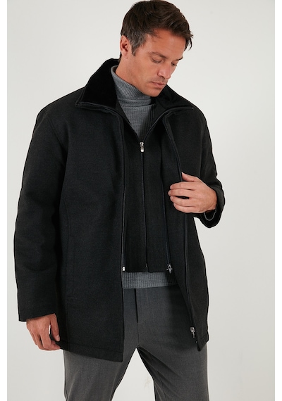 Buratti Slim Fit Çıkarılabilir Tüylü Yaka Detaylı Astarlı Kaşe Erkek Kaban 58400217 Füme