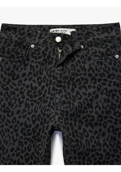 Koton Cepli Yüksek Bel Leopar Desenli İspanyol Paça Jean Pantolon - Flare Jeans Gri 6sal40053mw Gri