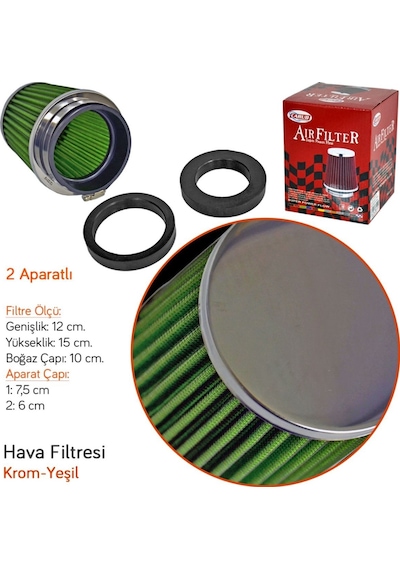 Carub BR4686102 Tuning Hava Filtresi 2 Aparatlı Krom-Yeşil
