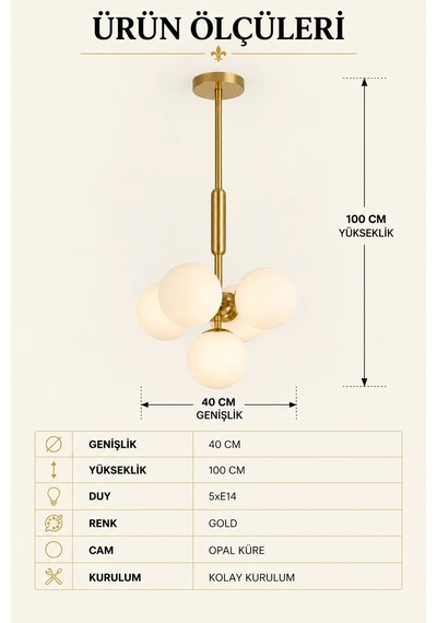 Modern Premium Gold 5'li Opal Küre Sarkıt Avize Gold Gövde Dekoratif Salon Avizesi 5xe14 Beyaz