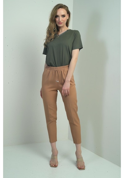 By Saygı Kadın Beli Lastikli Yandan Cepli Havuç Paça Pantolon-40697 Vizon