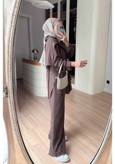 Ka Hijab Omuz Fular Detaylı 3'lü Takım - Kahverengi