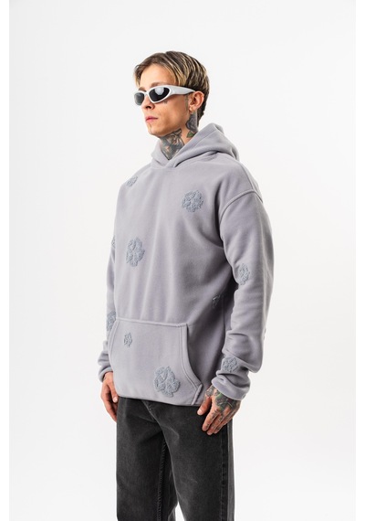 Respire Erkek Süzene Nakış Detaylı Kapüşonlu Oversize Polar Hoodie Gri