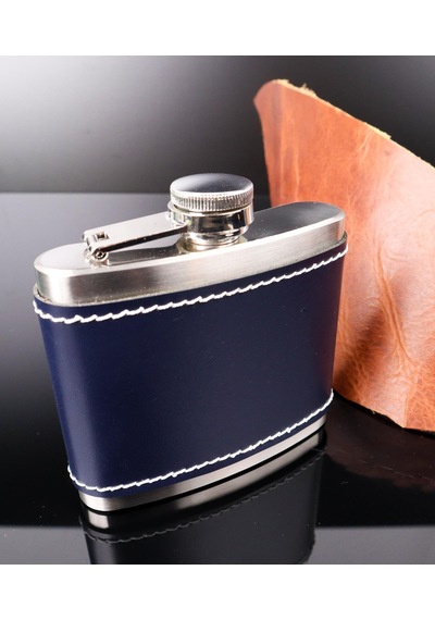 Perlotus 5 Oz-150 Cc Hunili Lacivert Premium Deri Kılıf Çelik Viski İçki Konyak Matarası Sevgililer Günü