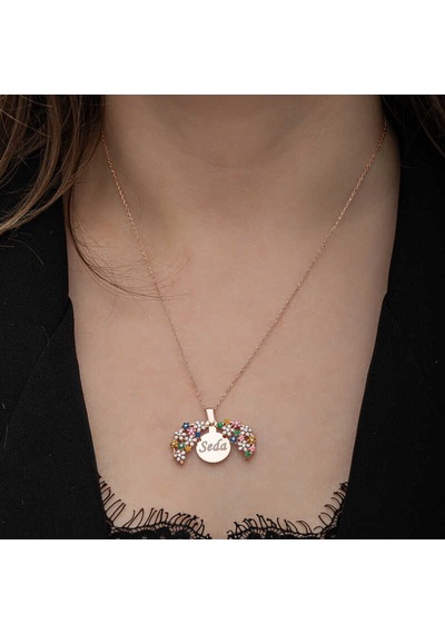 Gümüş Rose Renkli Çiçek Kişiye Özel Kadın Kolye Rose