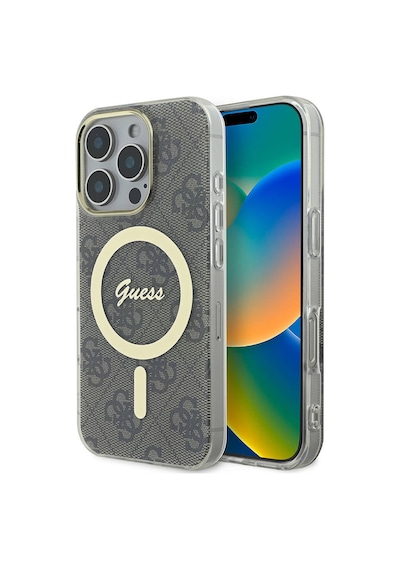 Apple iPhone 16 Pro Uyumlu Kılıf Guess Lisanslı Magsafe Özellik Yazı Logolu 4g Desenli Kahverengi