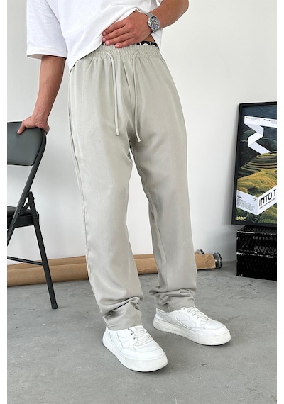 Gri Tensel Kumaş Basic Baggy Pantolon Gri